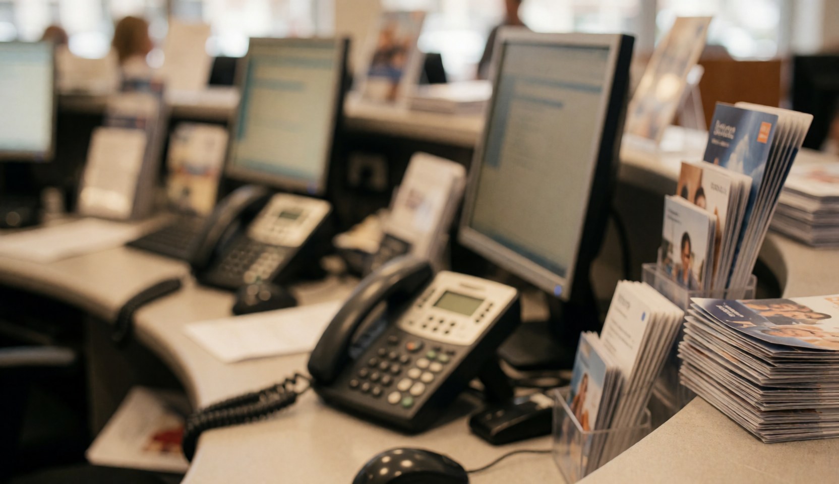 Bureau d'agence de voyages avec moniteurs, téléphones et brochures sur fond flou, idéal pour textes et design web.