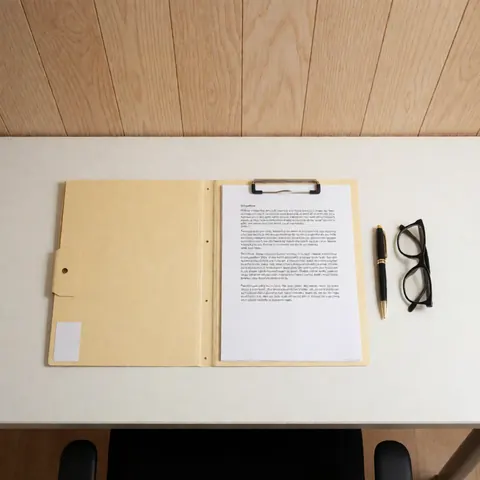 Vue de dessus d'un bureau en bois clair avec des dossiers légaux, un stylo noir et des lunettes posés sur les documents.