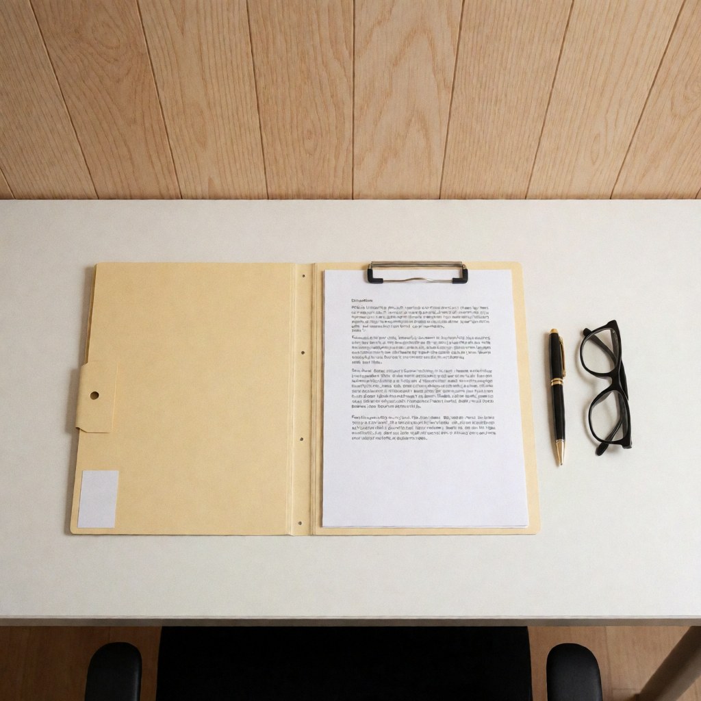 Vue de dessus d'un bureau en bois clair avec des dossiers légaux, un stylo noir et des lunettes posés sur les documents.