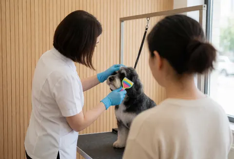 Un professionnel brossant les dents d'un chien avec un pinceau coloré dans un salon de toilettage canin aux murs clairs et à la lumière naturelle.