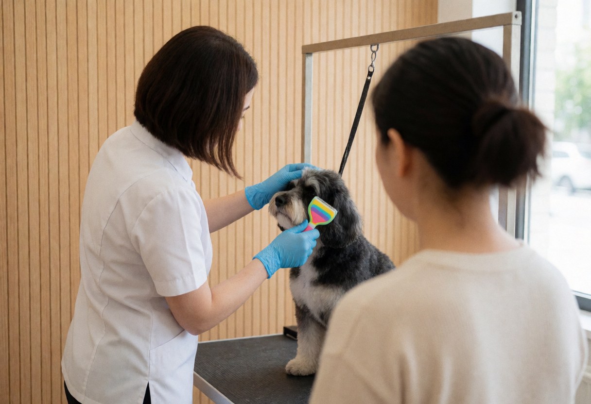 Un professionnel brossant les dents d'un chien avec un pinceau coloré dans un salon de toilettage canin aux murs clairs et à la lumière naturelle.