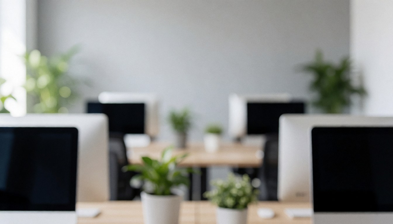 Bureau moderne avec ordinateurs, tables et plantes vertes sur fond flou, idéal pour textes et présentations professionnelles.