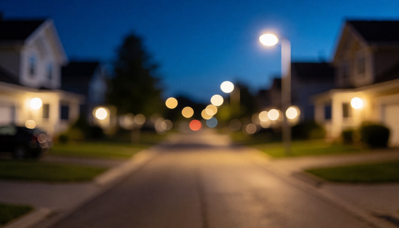 Rue calme la nuit avec des lumières floues et un ciel bleu foncé servant de fond pour du texte.