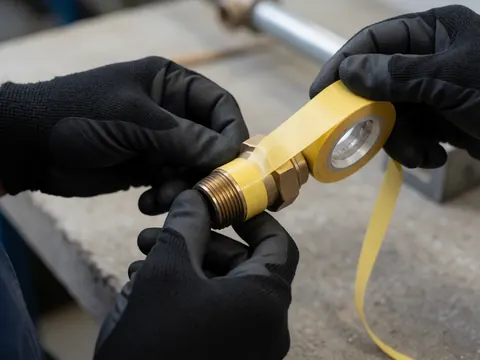 Mains gantées appliquant du ruban d'étanchéité jaune sur des raccords de plomberie professionnelle en cuivre.