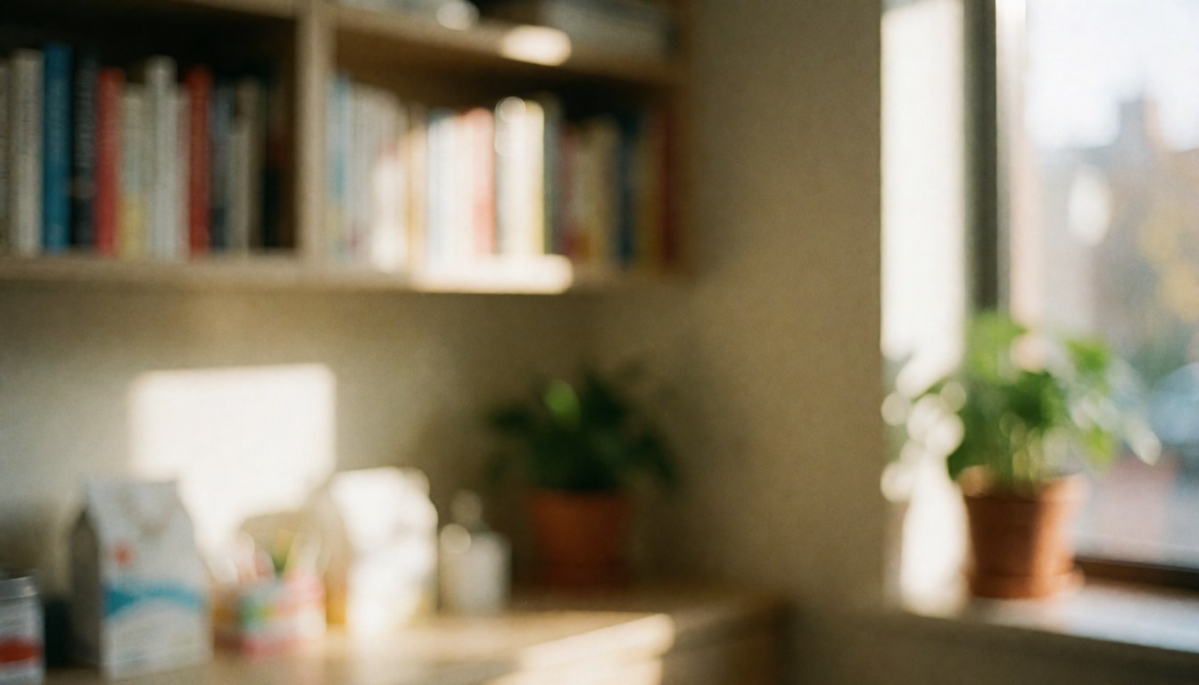 Espace de travail lumineux avec étagère, plante verte et fenêtre, servant de fond neutre pour textes et présentations professionnelles dans le domaine de la nutrition.