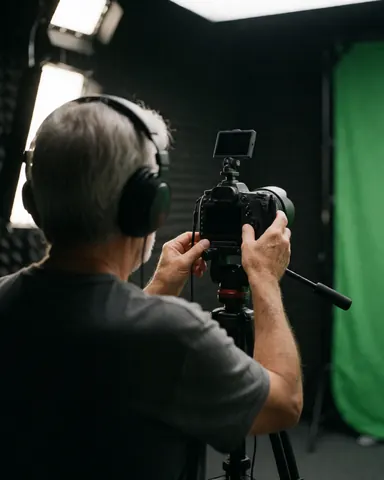 Équipe de production vidéo travaillant dans un studio équipé d'un fond vert, d'une caméra professionnelle et d'un trépied pour le marketing digital.