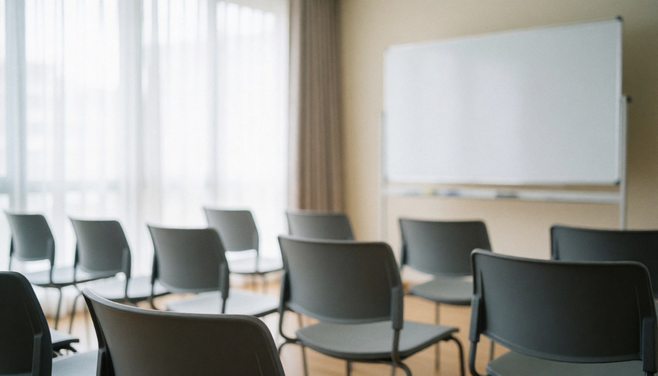 Salle de classe de langues vide équipée de chaises grises et d'un tableau blanc, éclairée par la lumière naturelle provenant d'une fenêtre, avec un arrière-plan flou adapté à l'ajout de texte.