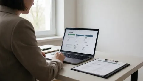 Un consultant professionnel vérifie des documents stratégiques sur son ordinateur portable, avec un classeur posé sur le bureau dans un environnement de travail lumineux et ordonné.
