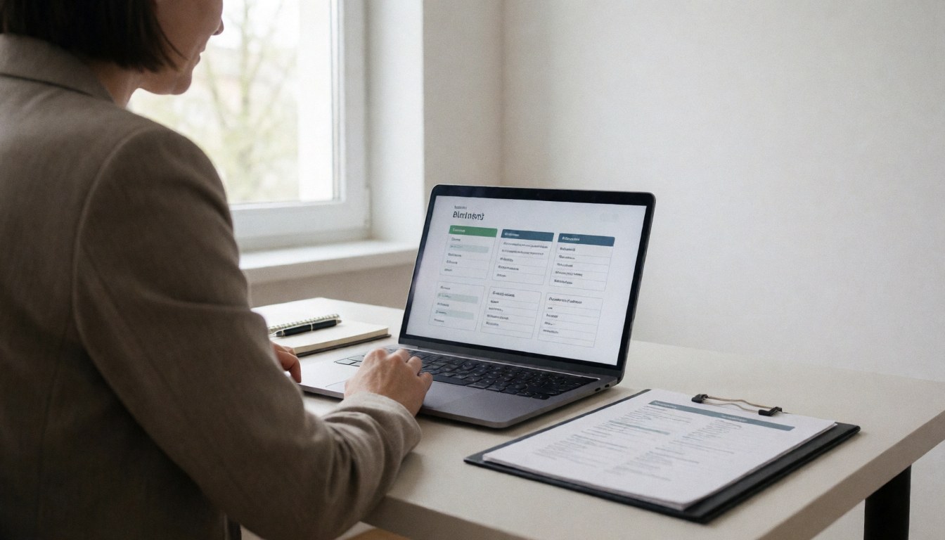 Un consultant professionnel vérifie des documents stratégiques sur son ordinateur portable, avec un classeur posé sur le bureau dans un environnement de travail lumineux et ordonné.