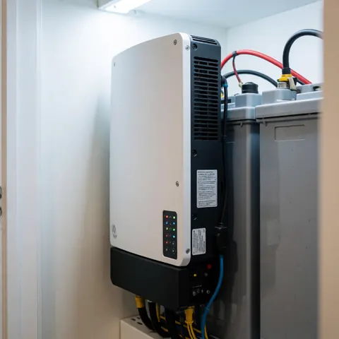 Onduleur blanc avec voyants lumineux à côté de batteries grises dans un placard, éclairage artificiel, système d'énergie fiable pour la maison.