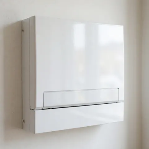 Panneau électrique blanc fermé et propre fixé sur un mur blanc, adapté aux professionnels de l'électricité pour installations résidentielles ou commerciales.