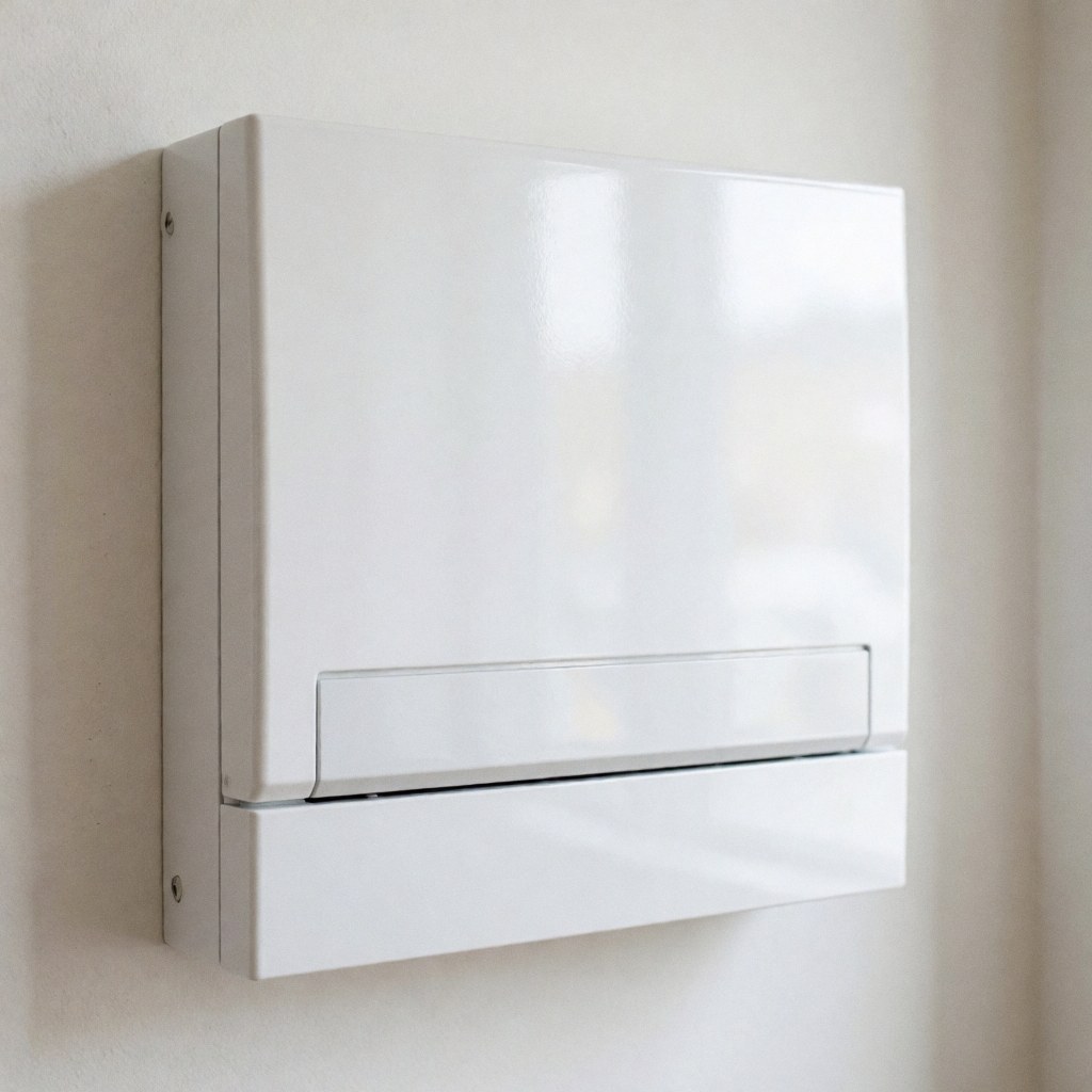 Panneau électrique blanc fermé et propre fixé sur un mur blanc, adapté aux professionnels de l'électricité pour installations résidentielles ou commerciales.