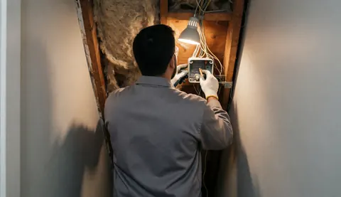 Un technicien en train d'inspecter les installations électriques dans un grenier.