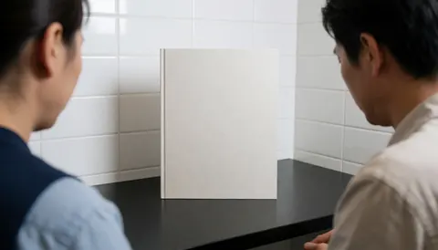 Deux individus consultent un document promotionnel immobilier posé sur une surface sombre, devant un mur de carreaux blancs dans un cadre professionnel épuré.