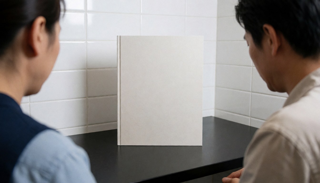 Deux individus consultent un document promotionnel immobilier posé sur une surface sombre, devant un mur de carreaux blancs dans un cadre professionnel épuré.