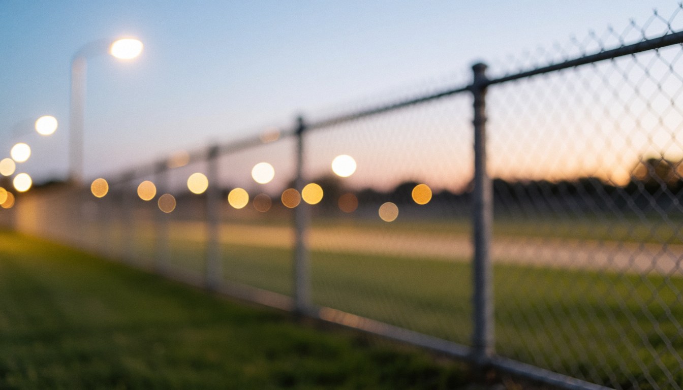 Fond de clôture métallique avec lumières de rue en bokeh au coucher du soleil, idéal pour les textes de sécurité entreprise et protection périmétrique.