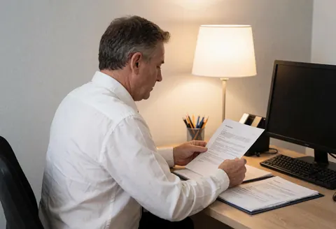 Un agent d'assurance examine des papiers sur un bureau avec ordinateur et stylos dans un environnement professionnel sérieux.