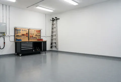 Atelier électrique vide avec outils organisés sur le mur, échelle et sol en époxy, idéal pour un électricien professionnel.