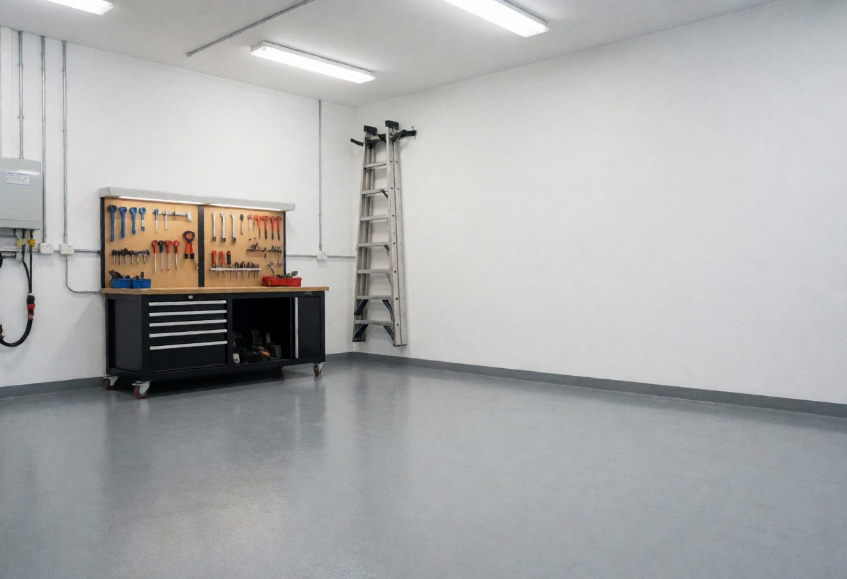Atelier électrique vide avec outils organisés sur le mur, échelle et sol en époxy, idéal pour un électricien professionnel.