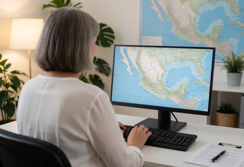 Un agent de voyage travaille sur son ordinateur affichant une carte du Mexique dans un bureau lumineux avec des plantes.