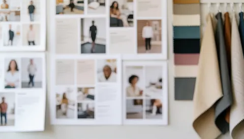 Mur avec moodboards et échantillons de tissus suspendus, tons neutres élégants pour textes sur planification événements et mariages.