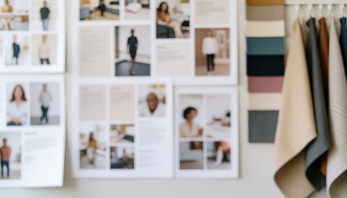 Mur avec moodboards et échantillons de tissus suspendus, tons neutres élégants pour textes sur planification événements et mariages.
