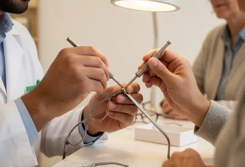 Un opticien ajuste des lunettes avec un outil sur le comptoir d'un magasin d'optique, éclairage chaud et fond flou.