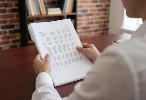 Un jeune avocat professionnel examine attentivement un document juridique posé sur un bureau en bois, dans un cadre de bureau moderne avec un mur en briques et une lumière naturelle.