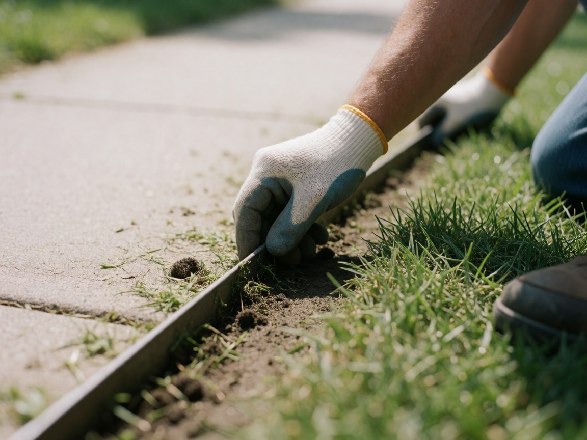 Une main portant un gant utilise une tondeuse à bordure pour couper l'herbe près d'un trottoir en béton, mettant en évidence le travail de jardinage et la ligne droite entre la pelouse et le pavement.