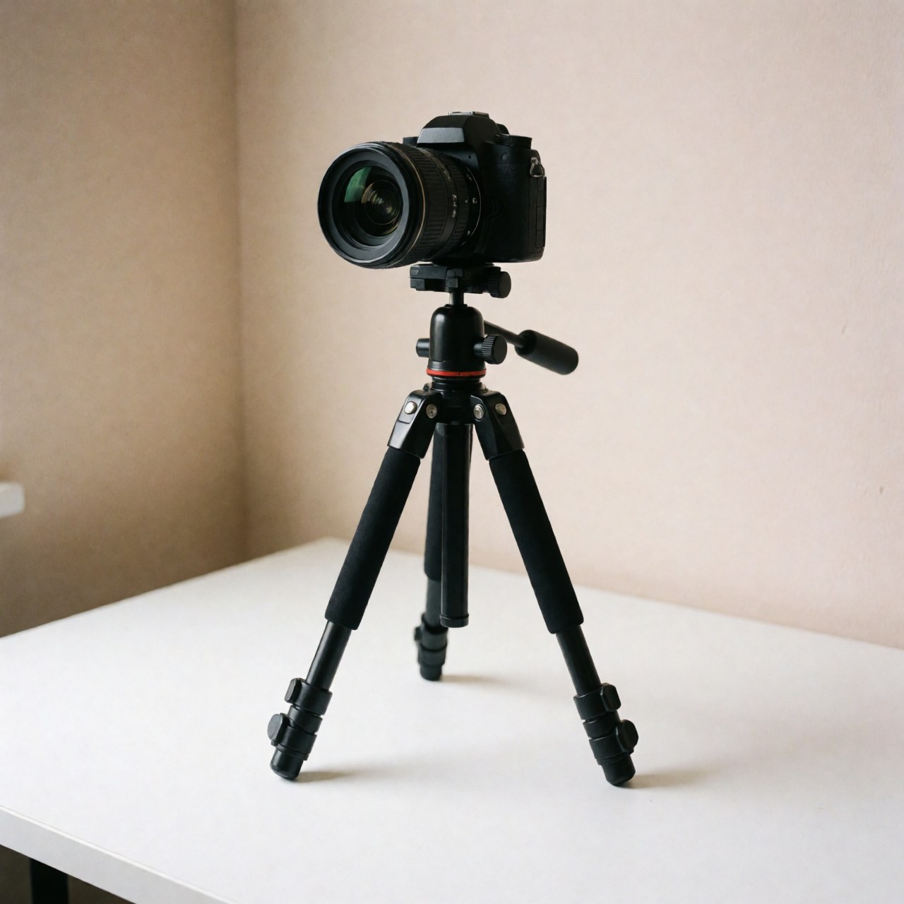 Un appareil photo professionnel monté sur un trépied noir posé sur une table blanche devant un mur beige, évoquant la photographie immobilière et le studio.