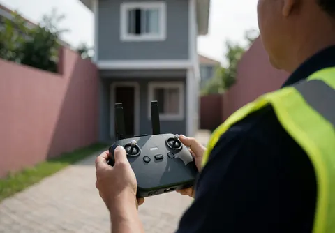 Vue arrière d'un inspecteur de terrain portant un gilet jaune de sécurité, tenant la commande d'un drone devant une résidence moderne en extérieur.