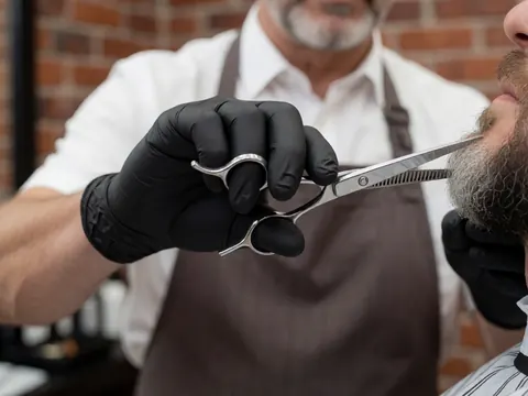 Un barbier professionnel portant des gants noirs utilise des ciseaux pour tailler une barbe grise dans un salon moderne.