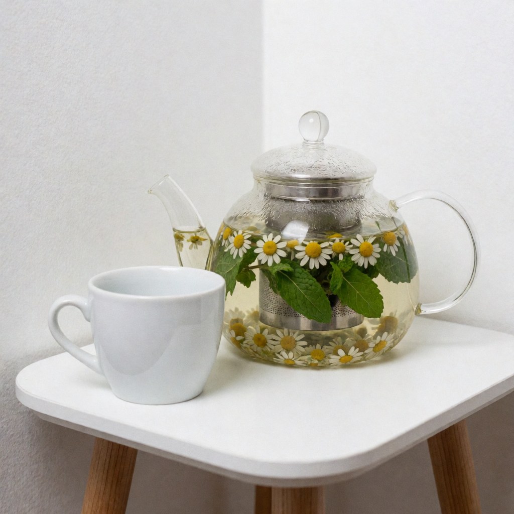 Une théière en verre remplie de camomille et de menthe posée sur une table blanche, accompagnée d'une tasse blanche. Le fond blanc crée une ambiance calme et naturelle.