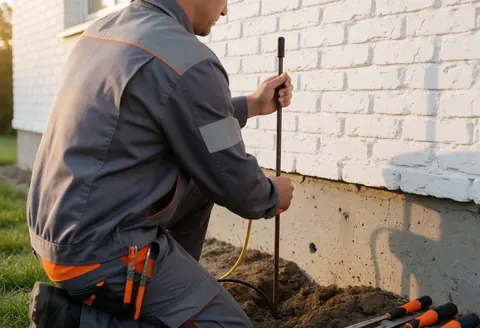 Un électricien professionnel installe un conducteur de terre près du mur d'une maison résidentielle, avec des outils et une lumière chaude de coucher de soleil.