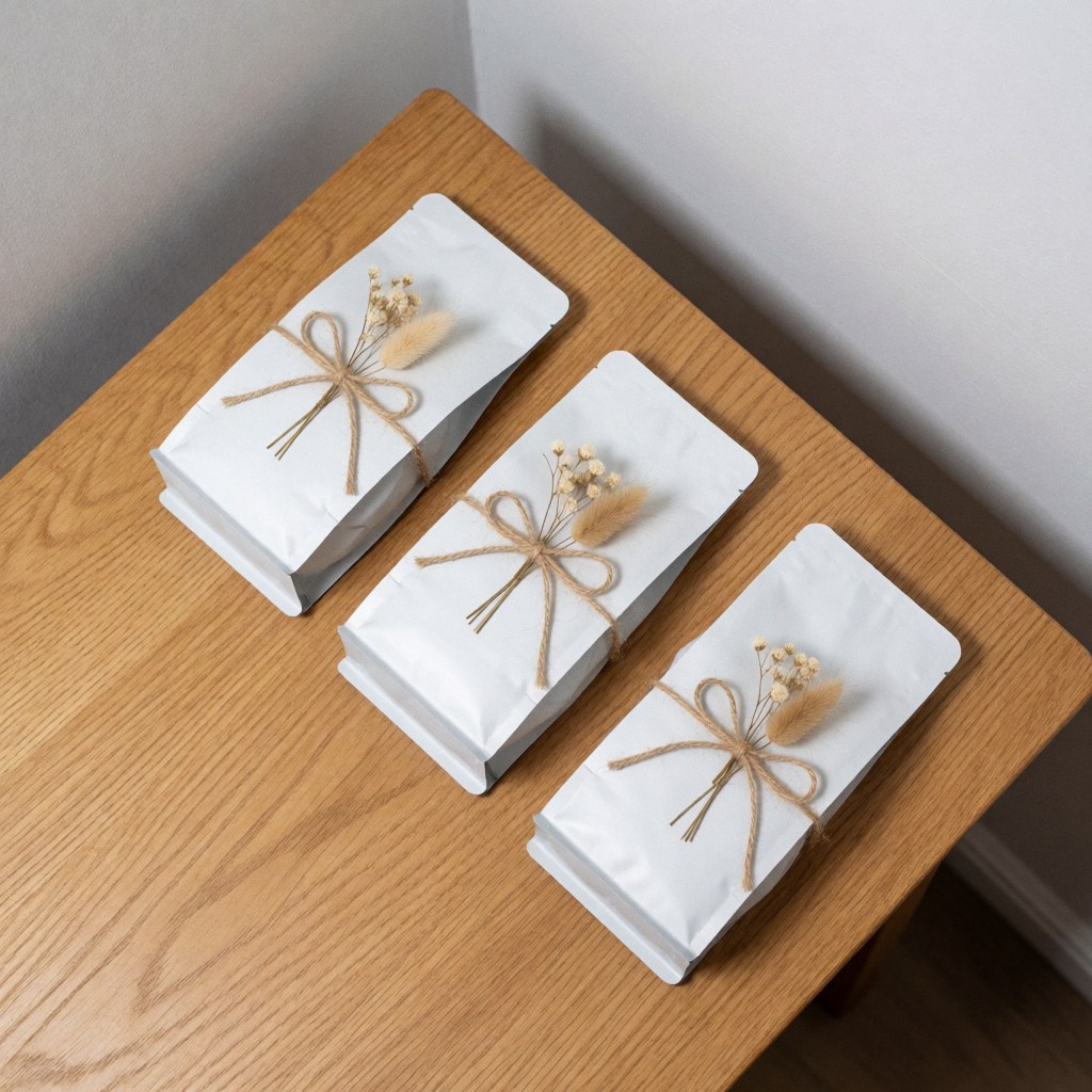 Trois sacs de café blanc avec ficelle naturelle et fleurs séchées disposés en diagonale sur une table en bois clair, éclairage naturel et murs gris clair.