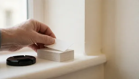Une main dépose une carte sur un rebord de fenêtre baigné de lumière naturelle, créant un espace vide pour ajouter du texte dans un contexte professionnel.