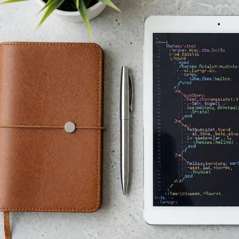 Un cahier et un stylo posés sur une table propre dans un environnement de travail moderne, évoquant la productivité et l'organisation professionnelle.