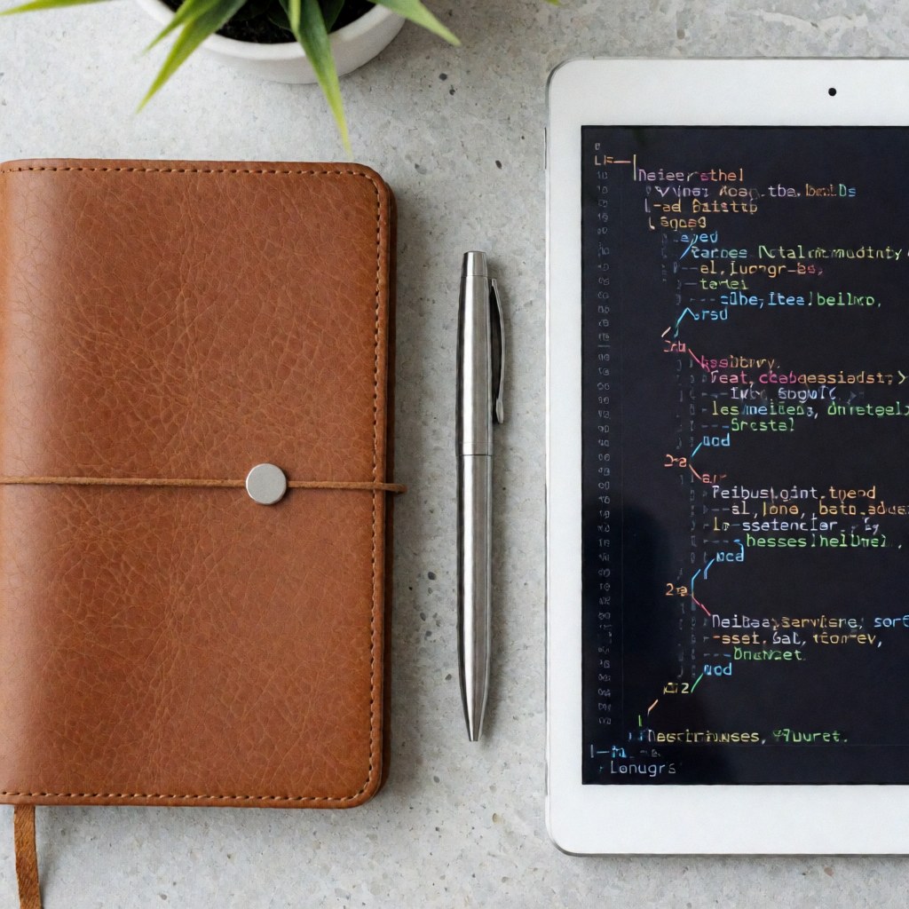 Un cahier et un stylo posés sur une table propre dans un environnement de travail moderne, évoquant la productivité et l'organisation professionnelle.