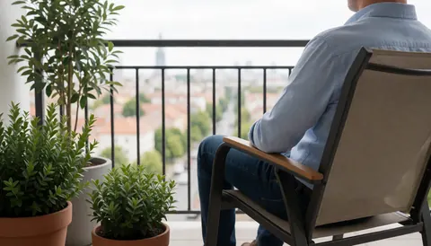 Vue panoramique depuis une terrasse urbaine avec chaises en bois, plantes vertes, ciel bleu et nuages, évoquant calme et détente.