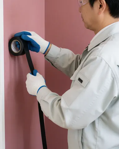 Un électricien professionnel en tenue de sécurité, tenant des gants et du ruban isolant, prêt pour une intervention sur un mur rose.