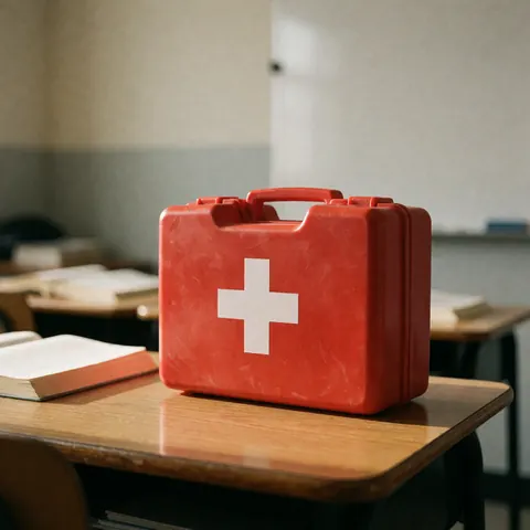 Un kit de premiers secours rouge avec une croix blanche posé sur une table en bois dans une salle de cours, avec des livres et un tableau noir en arrière-plan.