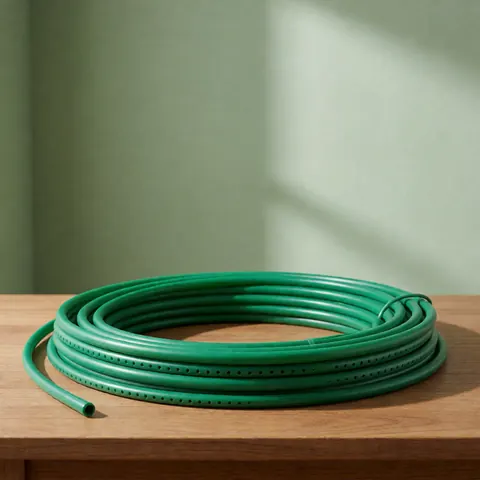 Vue de près d'un système d'irrigation goutte à goutte vert composé de tuyaux et d'émetteurs posé sur une surface en bois clair avec un fond vert naturel.