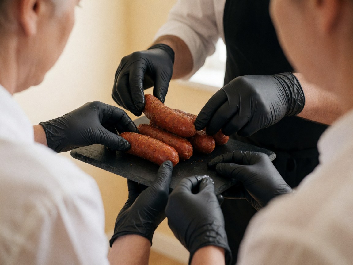 Des mains portant des gants noirs disposent des saucisses grillées sur un plateau en pierre sombre. Scène de préparation culinaire professionnelle pour événements et mariages.