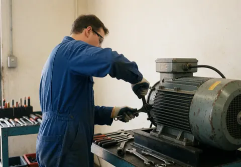 Un technicien en bleu ajuste un moteur industriel avec une clé, des outils sur une table, murs clairs, scène de maintenance industrielle.