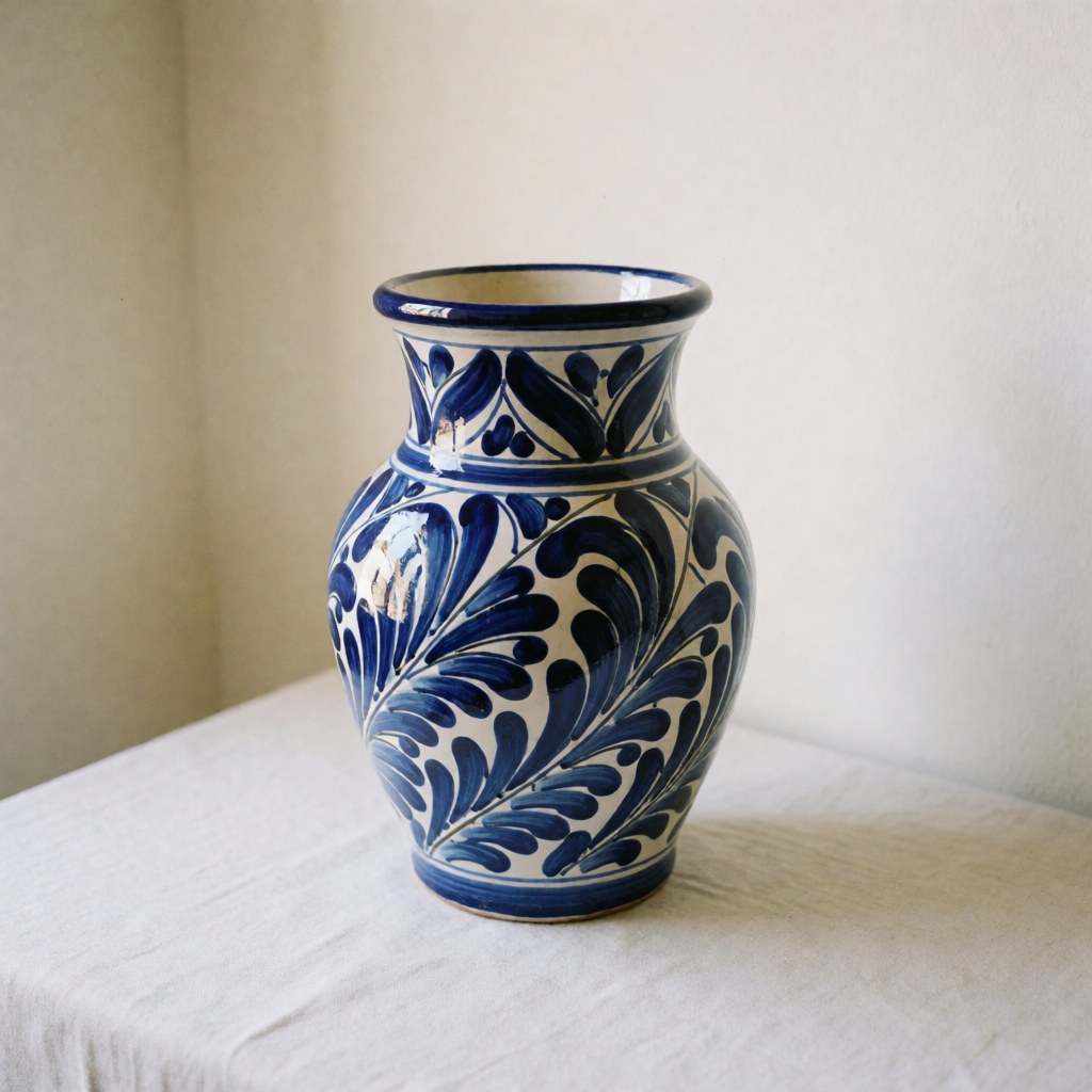 Vase en céramique Talavera aux motifs bleus et blancs posé sur une nappe blanche, avec des murs chaleureux et un éclairage naturel pour une décoration artisanale authentique.