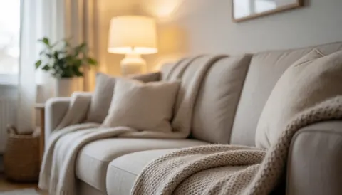 Arrière-plan flou d'un intérieur chaleureux et neutre, idéal pour des cours en ligne, avec un canapé, des couvertures et une ambiance relaxante.