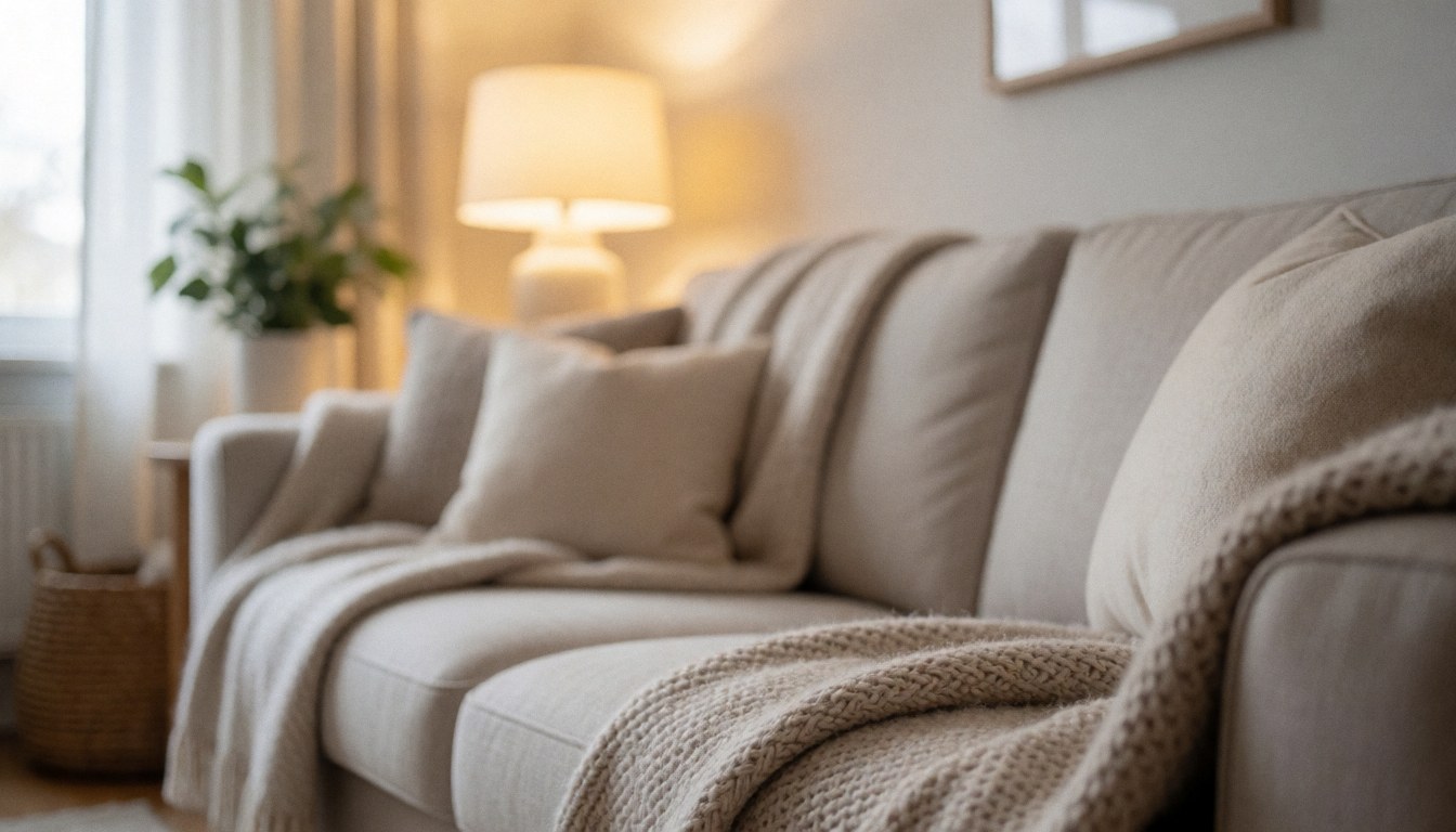Arrière-plan flou d'un intérieur chaleureux et neutre, idéal pour des cours en ligne, avec un canapé, des couvertures et une ambiance relaxante.