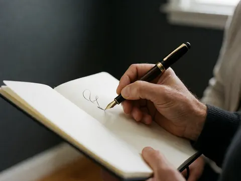 Une main adulte tenant un stylo à encre au-dessus d'un carnet à pages blanches, posé sur une surface grise sombre dans un éclairage naturel professionnel.