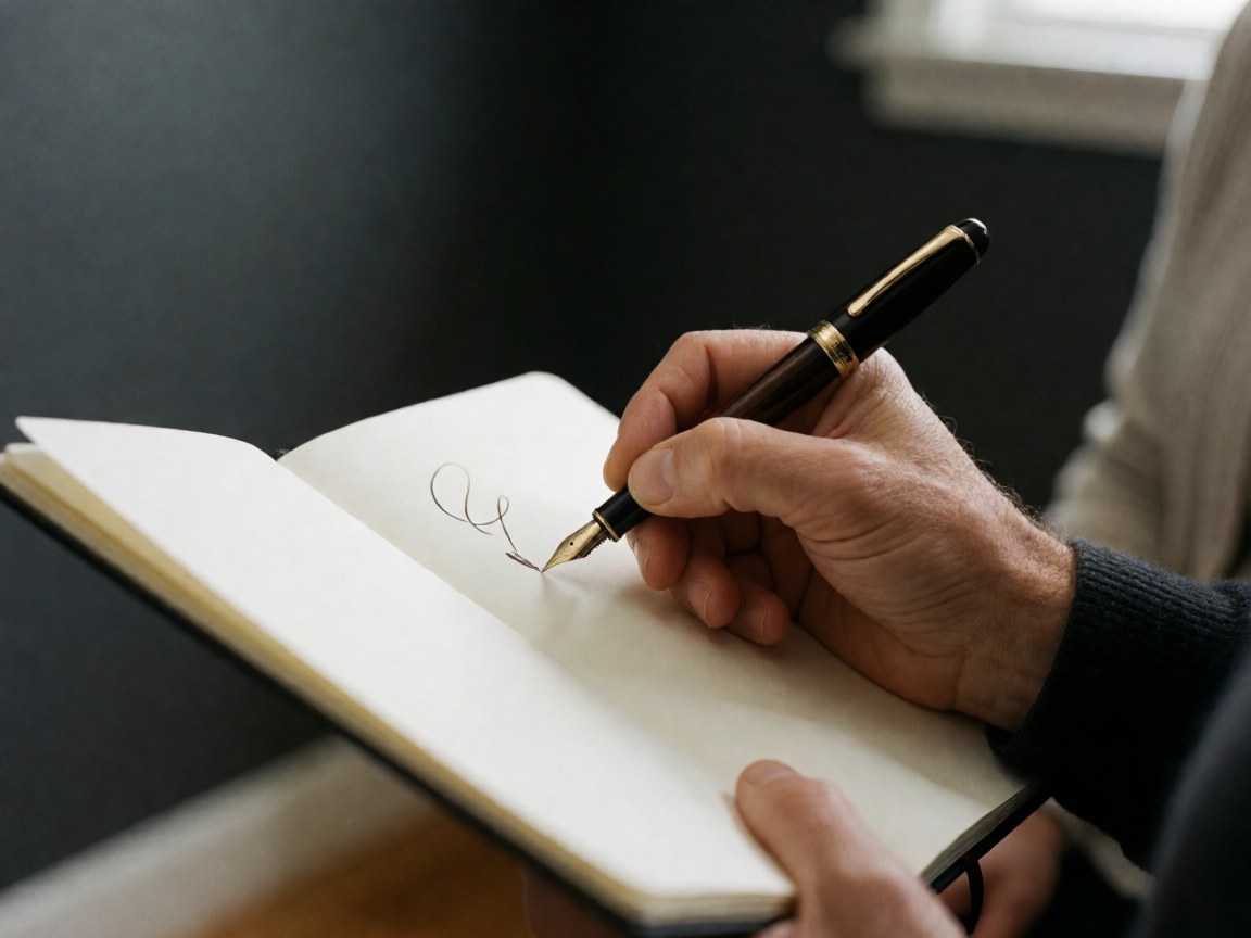 Une main adulte tenant un stylo à encre au-dessus d'un carnet à pages blanches, posé sur une surface grise sombre dans un éclairage naturel professionnel.