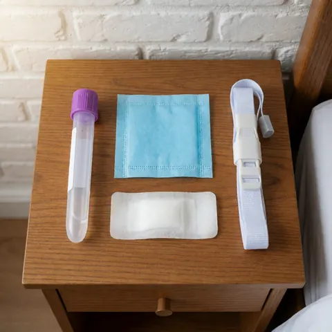 Kit de collecte domiciliaire pour échantillons médicaux présenté sur fond blanc.